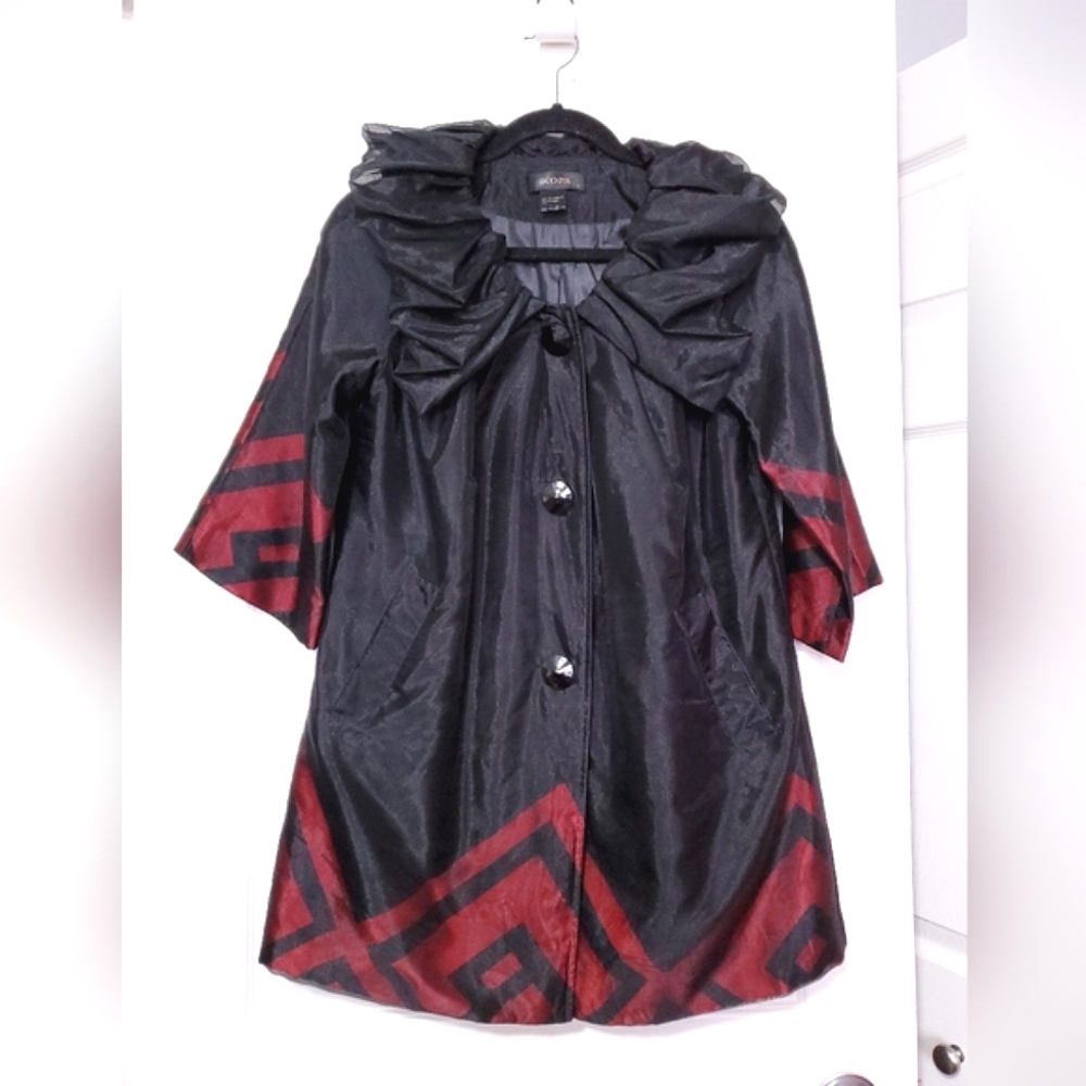 Kopa swing coat jacket black burgundy sheen mesh tulle light overcoat Small S